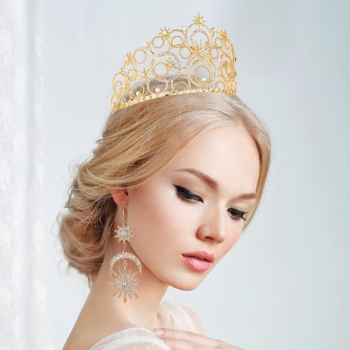 Crystal Crowns for Women, Crystal Bubble TiaraBride Royal Queen Headband Princess Headpieces for Women Bridal Wedding Prom Birthday Party Crowns - color: Gold Crown with Earrings