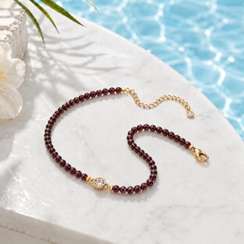 Raicegs Anklets for Women Handmade Beach Boho Ankle Bracelet 3mm Natural Stone Beaded Ankle Bracelet 14K Gold Plated Zircon Pendant Adjustable Crystal Gemstone Anklet Jewelry Gift for Her - color: Garnet