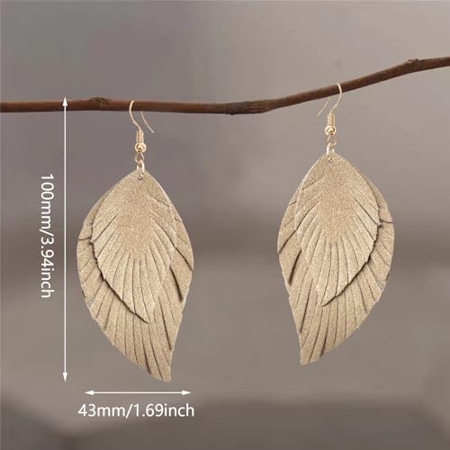 Handmade Bohemian Large Soft Genuine Leather Fringe Double Feather Dangle Drop Earrings Lightweight Simple Color PU Leaf Hook Earrings for Women - color: khaki