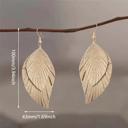 Handmade Bohemian Large Soft Genuine Leather Fringe Double Feather Dangle Drop Earrings Lightweight Simple Color PU Leaf Hook Earrings for Women - color: khaki