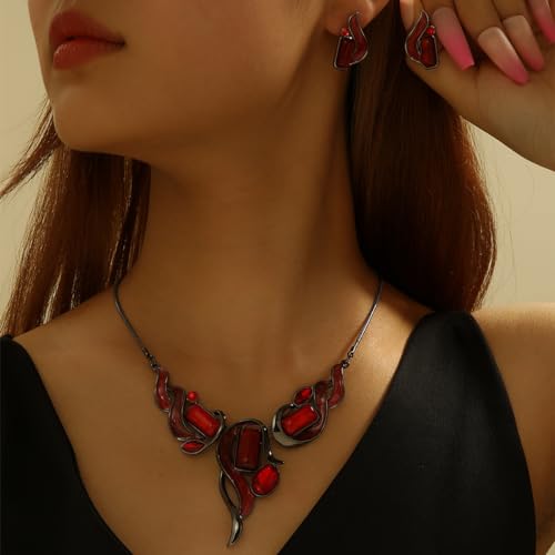 Chunky Statement Jewelry Set Vintage Retro Leaf Flower Floral Geometric Bohemian Boho Bib Necklace Earring Set Fashion Costume Jewelry for Women Girls Wedding Party Prom Unique Gift - style: Rectangle-red