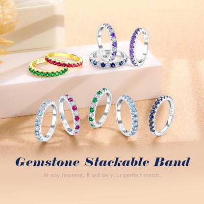 Bezel Set Birthstone Wedding Band 14K Gold Sterling Silver Stackable Half Eternity Band Rings 2.5mm Wide Ruby/Amethyst/Sapphire/Emerald Green/Aquamarine Ring for Women, Send Gift Box - style: 07-Created Ruby & CZ