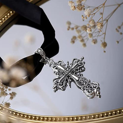 Gothic Black Velvet Goth Choker Necklace for Women,Cameo Black Choker Crow Skull Pendant Necklace Vintage Collar Skull Necklace Gothic Jewelry - style: Cross