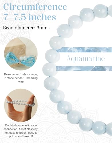 Natural Stone Beaded Bracelets for Men Women, 4mm 6mm 8mm | Healing Crystal, Protection Gemstone, Gift Packaging with Energy Card, Stretch Jewelry, Replacement Beads Included, 18 Stone - color: Aquamarine(Emotional Balance), size: 6mm