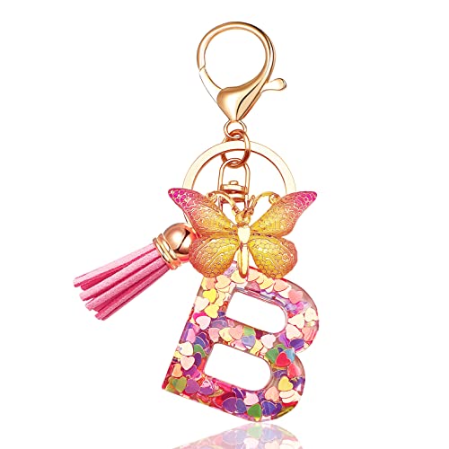 JINGUAZI Butterfly Initial Letter Keychain Bag Charms for Women | Cute pendant accessories for purses, handbags, backpacks, car keys, small gift for her young women, mothers, teachers - color: B-pink
