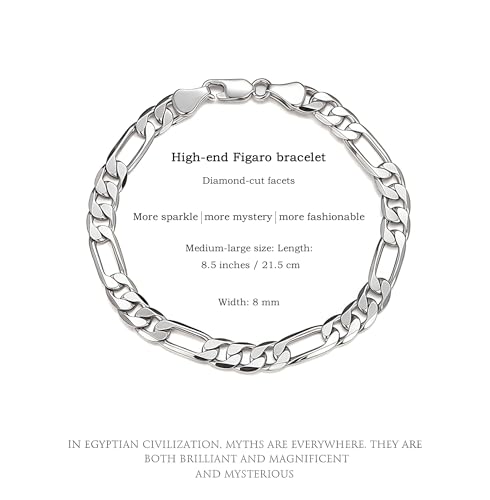⅓inch(8mm) White Gold Figaro Chain Bracelets for Men,Luxury Mens Bracelet,High-end Silver Chain Bracelets for Women,Hypoallergenic Durable Stacking Bracelet Gift for Boyfriend,Dad,Grilfriend 7.5-9IN - size: 8.5IN