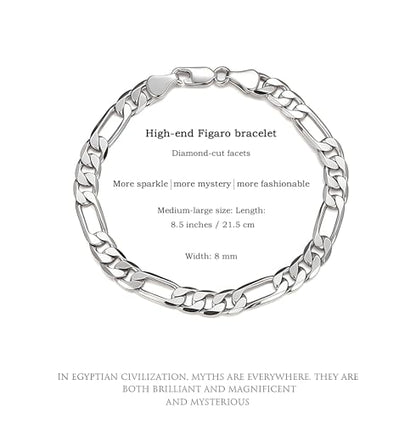 ⅓inch(8mm) White Gold Figaro Chain Bracelets for Men,Luxury Mens Bracelet,High-end Silver Chain Bracelets for Women,Hypoallergenic Durable Stacking Bracelet Gift for Boyfriend,Dad,Grilfriend 7.5-9IN - size: 8.5IN