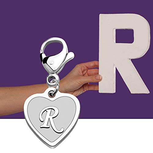 FAADBUK Initial Letter A-Z Alphabet Heart Charms for Jewelry Bracelet Keychain Necklace Initial Stainless steel Clasp Clip on Charm - color: intial R
