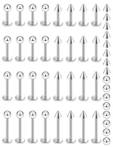 Lcolyoli 32PCS Labret Piercing Jewelry Stainless Steel Snake Bite Jewelry Lip Rings 16G Medusa Monroe Lip Piercing Jewelry for Women Men Bar Length 6mm 8mm 10mm 12mm - color: silvertone