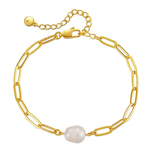 Dainty Gold Bracelets for Women, 18 Gold Plated Adjustable Evil Eye/Butterfly/Beaded/Pearl/Heart/Turquoise Handmade Bracelet for Women - style: Pearl and Paperclip