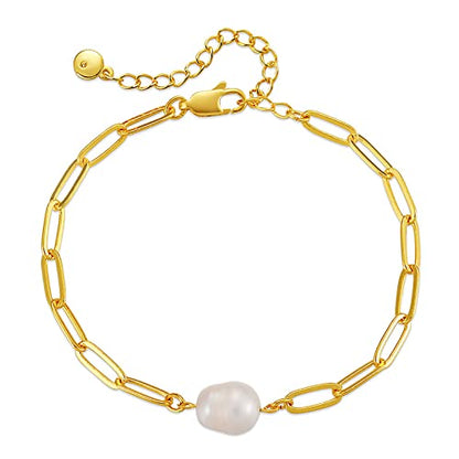 Dainty Gold Bracelets for Women, 18 Gold Plated Adjustable Evil Eye/Butterfly/Beaded/Pearl/Heart/Turquoise Handmade Bracelet for Women - style: Pearl and Paperclip