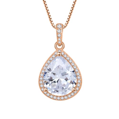 FJ Teardrop Pendant Necklace 925 Sterling Silver Birthstone Jewelry for Women - color: 04 April-Simulated Diamond-Rose Gold