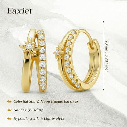14K Gold Double Hoop Earrings 20mm Split Huggies North Star Earrings Celestial Jewelry Gift for Women