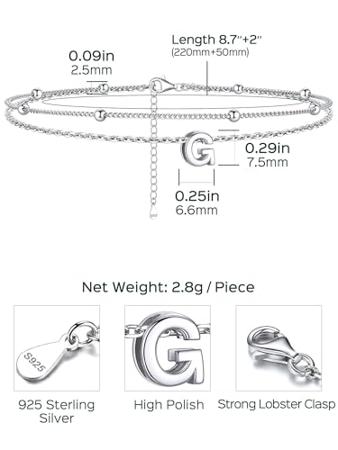 ChicSilver Ankle Bracelets for Women Waterproof, 925 Sterling Silver Initial Anklets for Women, Adjustable Dainty Layered Anklet Beach Jewelry for Women Mom Wife Friend - style: Silver-G