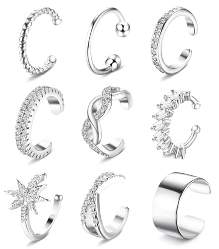 9Pcs Ear Cuff 14K Gold Plated Cuff Earrings Gold Ear Cuffs Non Pierced | Fake Conch Cartilage Earrings Ear-Clips Minimalist Non Piercing Delicate Clip-on Ear Cuffs Stackable Set - style: A-9pcs-Silver