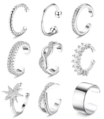 9Pcs Ear Cuff 14K Gold Plated Cuff Earrings Gold Ear Cuffs Non Pierced | Fake Conch Cartilage Earrings Ear-Clips Minimalist Non Piercing Delicate Clip-on Ear Cuffs Stackable Set - style: A-9pcs-Silver