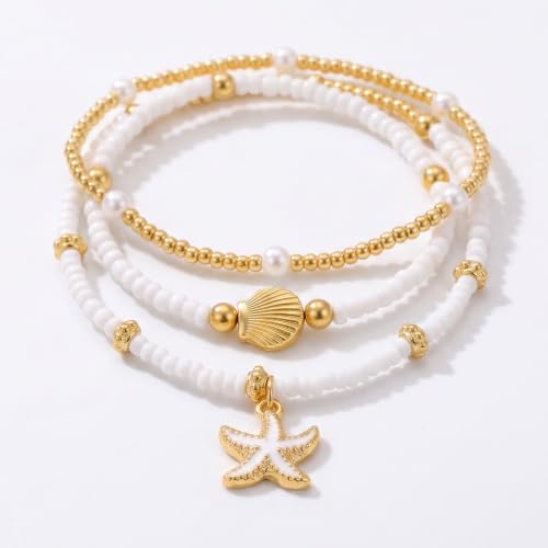 3PCS Waterproof Boho Layered Anklets Bracelets for Women | Gold Beaded Seashell Ankle Bracelets, Adjustable Beaded Anklet, Hawaiian Beach Seashell Starfish Foot Jewelry Gifts