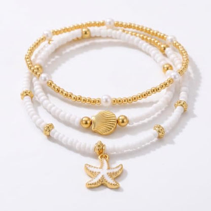 3PCS Waterproof Boho Layered Anklets Bracelets for Women | Gold Beaded Seashell Ankle Bracelets, Adjustable Beaded Anklet, Hawaiian Beach Seashell Starfish Foot Jewelry Gifts