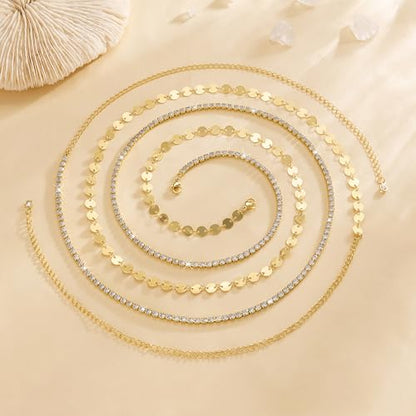CHESKY Waist Beads for Women, 14k Gold Plated Waist Chain Gold Chain Belt for Womens Simple Body Chain Jewelry Belly Chain Beach Accessories Dainty Gold Jewelry for Women Gifts Rave Outfits for Womens - style: CZ-Coin