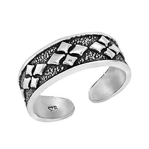 AeraVida .925 Sterling Silver Adjustable Toe Ring or Pinky Ring 5mm Wide Open Band, Stackable Minimalist Summer Foot Jewelry | Sun Moon Star Turtle Butterfly Leaf Olive Branch Ocean Wave Yin Yang Design - style: Retro Argyle Pattern