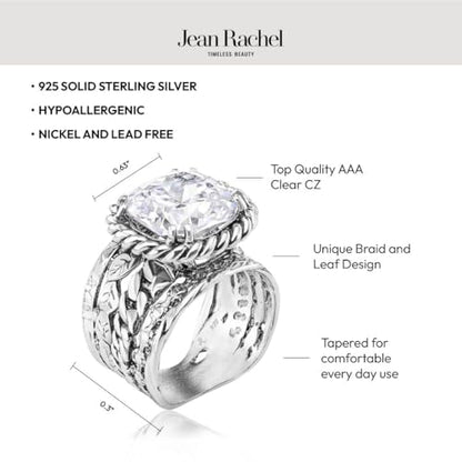 JEAN RACHEL JEWELRY 925 Sterling Silver Braid Leaf Cushion Ring | Ornate statement ring beautifully adorned with sculpted leaf motifs, twisted rope braids, and a CZ center stone. - color: White CZ