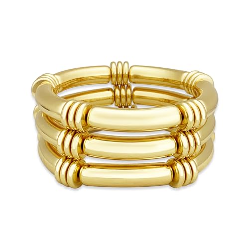 YBMYCM 5PCS Gold Chunky Bangles Bracelets for Women | 14k Gold Plated Stackable Layered Curved Bamboo Tube Stretch Bracelets Bangle Gift Jewelry - color: 3pcs G