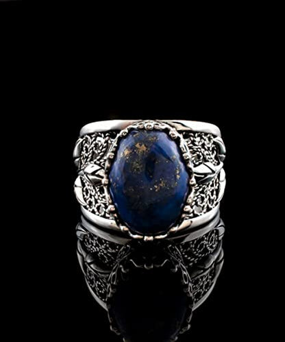 Filigranist 925 Sterling Silver Filigree Art Lace Embroidery Tulip Detailed Gemstone Women Cocktail Ring, Luxurious Gift Boxed - color: Lapis Lazuli