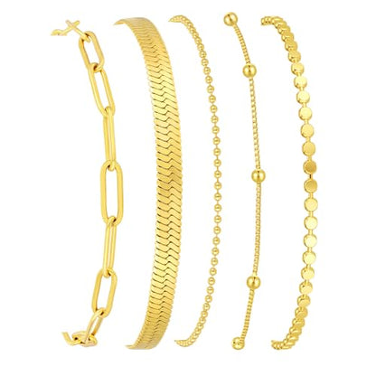 Gold Bracelets for Women, 14K Gold Plated Stackable Bracelet Stack Set Adjustable Charm Paperclip Chain Snake Link Layered Waterproof Jewelry Sets Gifts - style: Bracelets Set /6