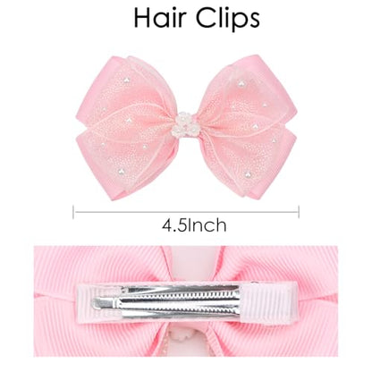 KISZU 4.5 Inch Flower Hair Bows Clips Mermaid Pearl HairPins for Girls Children Teens and Women - color: Pink