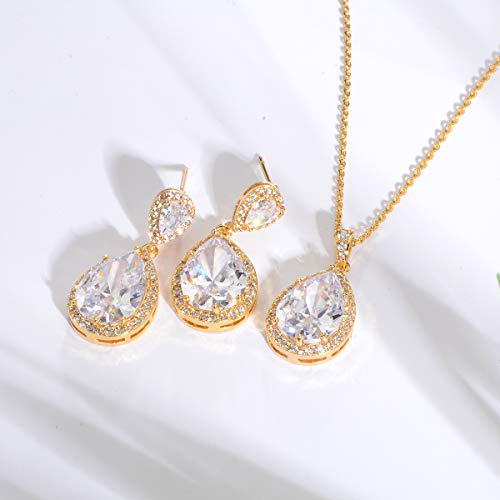 Bridal Jewelry Set for Wedding - 18k Plated Teardrop CZ Crystal Cubic Zirconia Rhinestone Necklace Earrings Set for Bride Bridesmaids Mother of Bride Party Prom Birthstone Costume Jewelry - color: Nov-Topaz
