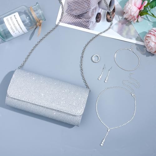 NEWITIN Purse Rhinestone Jewelry Set for Women Prom Jewels Crystal Clutch Purse Necklaces Rings Bracelets Earrings Gold Silver Jewelry Set for Women Bride - color: 6 Pieces Silver