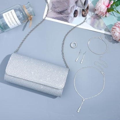 NEWITIN Purse Rhinestone Jewelry Set for Women Prom Jewels Crystal Clutch Purse Necklaces Rings Bracelets Earrings Gold Silver Jewelry Set for Women Bride - color: 6 Pieces Silver