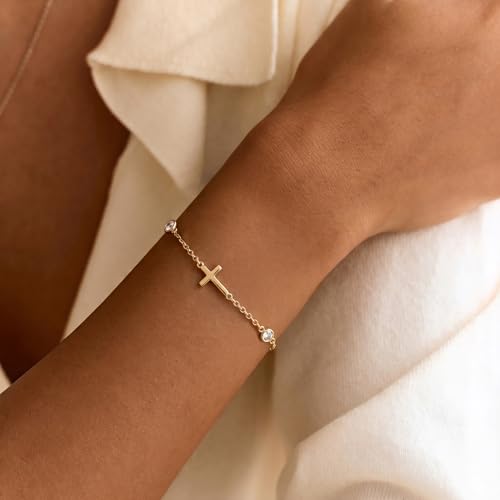 Bracelets for Women, Dainty Gold Silver Ring Bracelet Hand Chain | Cubic Zirconia Pearl Charms, 14K Gold Plated, Adjustable Fit, Trendy Stackable Link Chain, Waterproof Jewelry, Gift for Her - color: Gold-cross cz bracelet