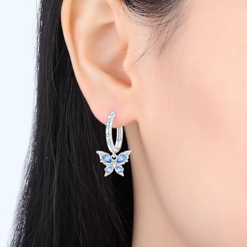 925 Sterling Silver Hoop Earrings Drop Dangle Earrings for Women Hypoallergenic Earring Trendy Huggie Earring Cute Graduation Birthday Gifts Jewelry for Women - color: Butterfly earrings blue gemstones