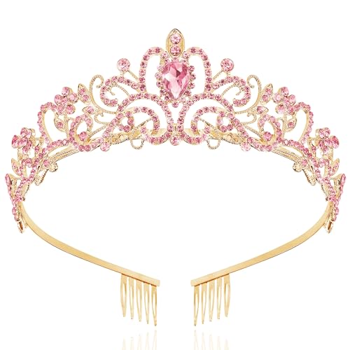 TAROSE Tiaras for Women, Birthday Crown and Sash for Girls | Birthday Sash Sunglasses Outfit, Birthday Gift for Women Girls, Goddess Crown Bride/Halloween/Prom/Party/Costume - color: 1 I. Gold+full Pink
