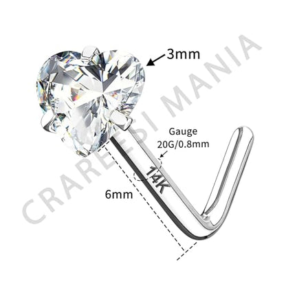 14K Real Gold Nose Studs 20G Nose Rings Studs L Shaped Nose Rings for Women Men Diamond CZ Nose Piercing - color: White Gold-Heart CLCZ