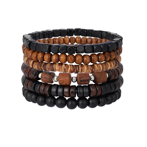 Mens Beaded Bracelets Tribal Wooden Elastic Adjustable Prayer Beads Wrap Cuff for Women - color: T: 6pcs