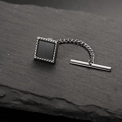 HAWSON Black Stone Tie Tack for Men Tie Pin with Chain for Wedding Birthday Anniversary Party - color: silver tone