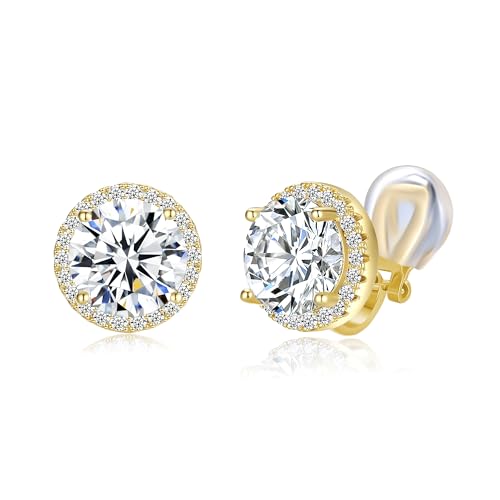 YOQUCOL 10MM Cubic Zirconia Crystal Clip On Stud Earrings Round Non Pierced Earrings for Women - color: Gold-White