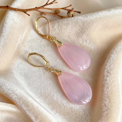 Natural Waterdrop Stone Drop Earrings,Yellow Gold Plated Real Genuine Teardrop Crystal Quartz Gemstone Dangle Earrings for Women Her - color: C01_Rose-Purple Jade