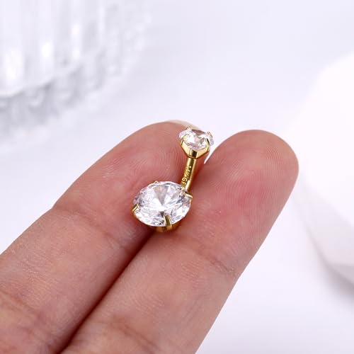 14G Surgical Steel G23 Titanium Sterling Silver 14K Gold Plated Belly Button Rings for Women Round Cubic Zirconia Navel Barbell Stud Hypoallergenic Body Piercing Jewelry - color: 14K Gold Plated, size: 6mm-Ultra-Slim