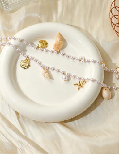 Gold Starfish Waist Chain for Women 18k Gold Plated Belly Chain Belt Layered Seashell Pearl Conch Beads Sequin Satellite Body Chains Sexy Bikini Summer Vacation Beach Jewelry Adjustable - color: 4 Pcs White