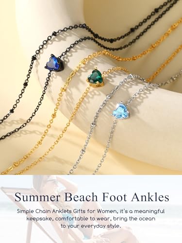 Suplight Gold Plated Butterfly Anklets for Women Waterproof, Layered Boho Ankle Bracelet with Birthstone, Stainless Steel Adjustable Non-Tarnish Heart Foot Jewelry Beach Vacation - color: 09. Heart-Sept. Sapphire