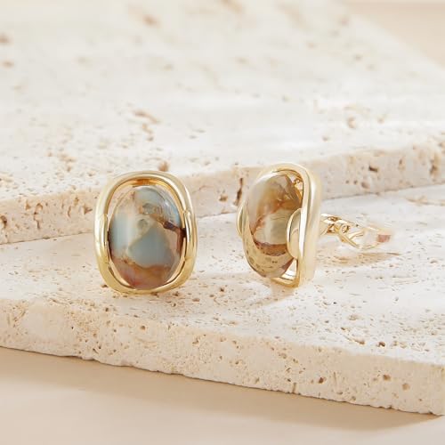 YOQUCOL Natural Stone Trendy Clip On Stud Earrings for Women Gold Plated Non Pierced Statement Earrings Fashion Jewelry - color: Oval-Brown