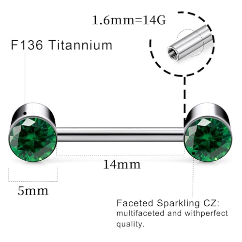 14G ASTM F136 Titanium Nipple Piercing Jewelry Round CZ Nipple Barbell Jewelry Internally Threaded G23 Solid Titanium Nipple Piercing Barbell Ring Jewelry for Women Men 14 Gauge - style: Green CZ
