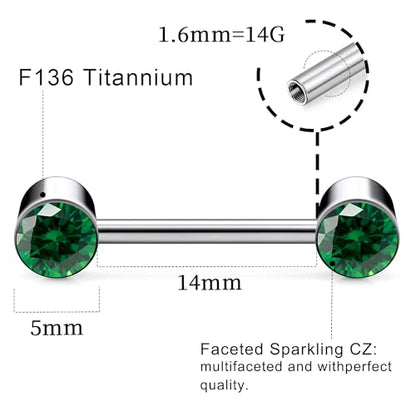 14G ASTM F136 Titanium Nipple Piercing Jewelry Round CZ Nipple Barbell Jewelry Internally Threaded G23 Solid Titanium Nipple Piercing Barbell Ring Jewelry for Women Men 14 Gauge - style: Green CZ