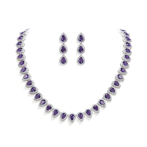 EleQueen Women's Silver-Tone Full Prong Cubic Zirconia Teardrop Bridal Necklace Earrings Set - color: 05-Amethyst Color