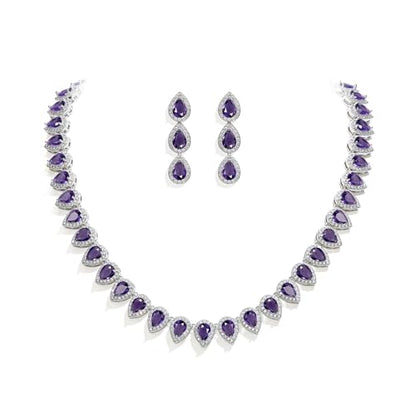 EleQueen Women's Silver-Tone Full Prong Cubic Zirconia Teardrop Bridal Necklace Earrings Set - color: 05-Amethyst Color