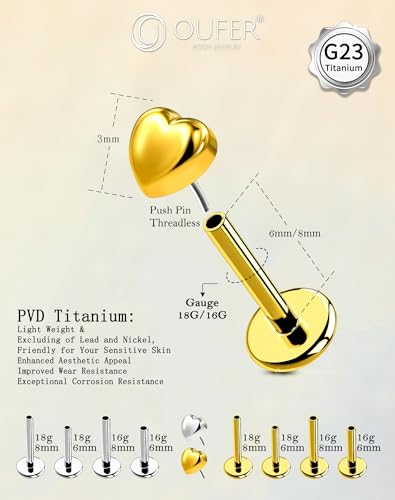 OUFER G23 Titanium Threadless Labret Studs – Flat Back Push Pin Earrings for Tragus, Helix, Monroe, Conch, Lip Piercing – 16G/18G, 6MM/8MM - color: Silver-Heart, size: 16g 8mm