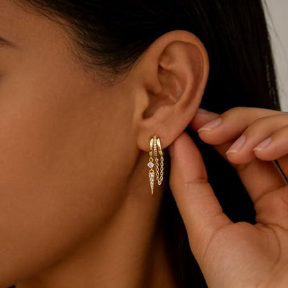 Pearl Earrings for Women Trendy, 14k Gold Plated Freshwater CZ Leaf Pearl Dangle Drop Gold Earrings Lightweight Hypoallergenic Stud Earring Bridesmaid Wedding Gold Jewelry for Women Gifts - style: cz chain earrings-4
